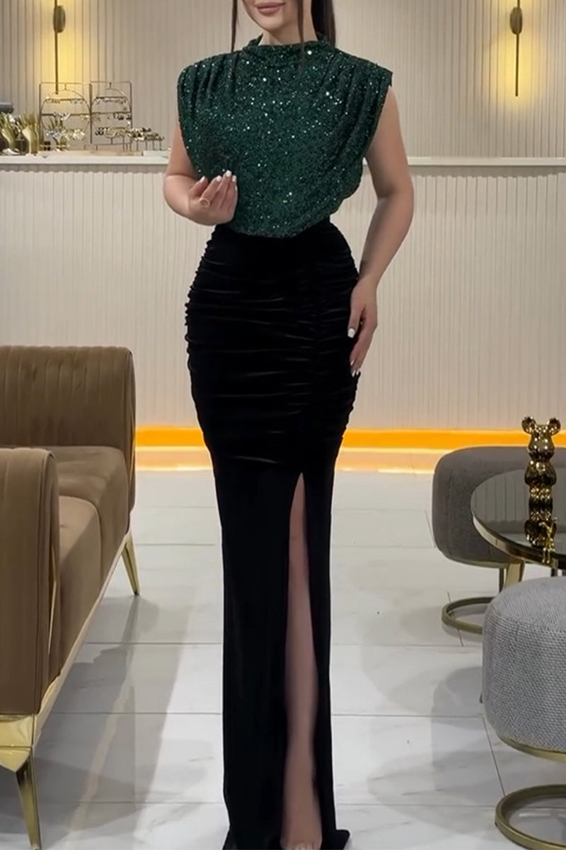 Sexy Prom Sequins Slit Sequined Half A Turtleneck Evening Dresses(3 Colors)