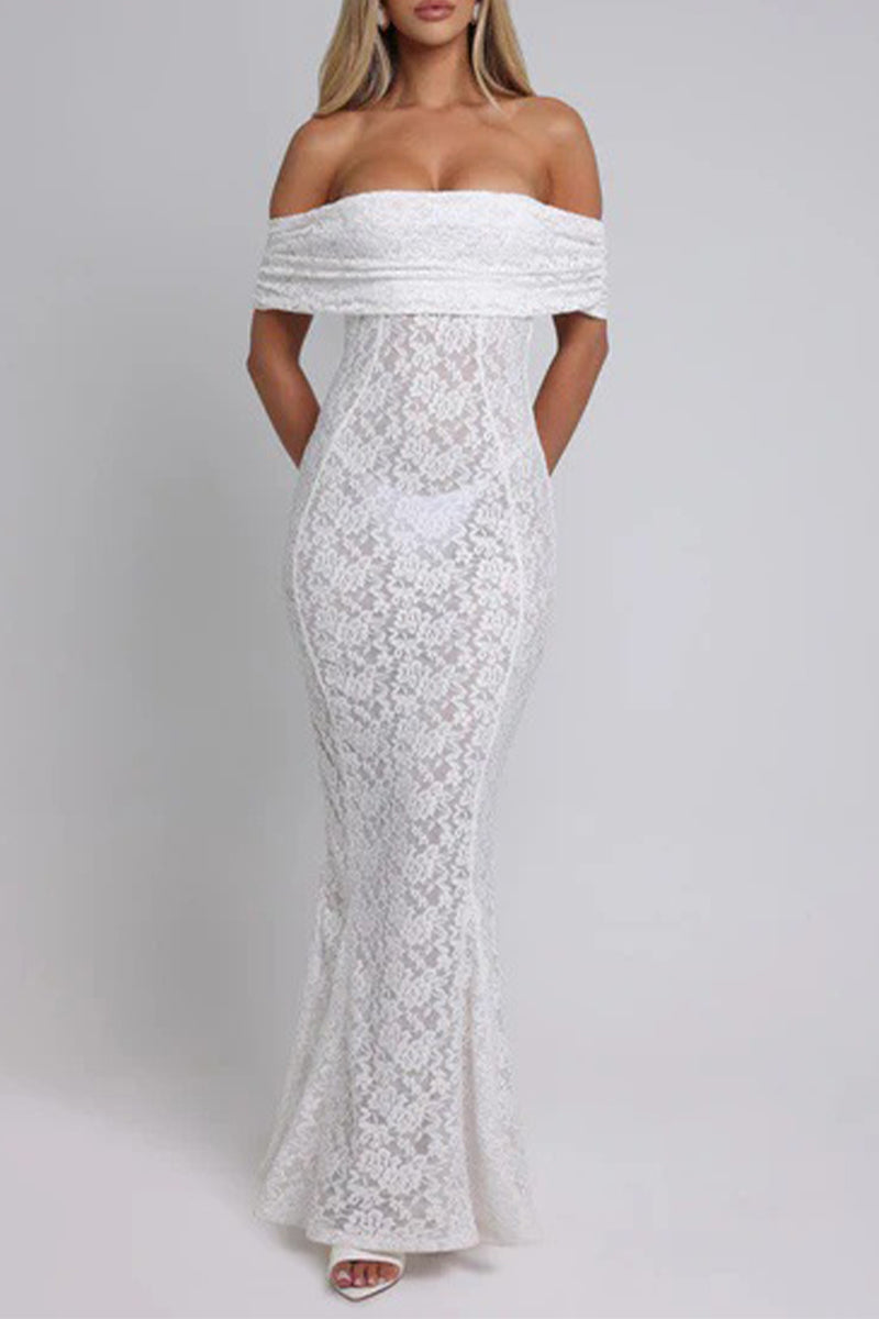 Sexy Solid Color Lace Backless Fishtail Off Shoulder Long Dresses