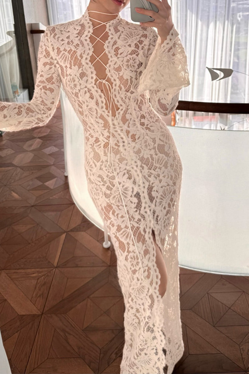 Sexy Solid Color Lace See-Through Strap Design V Neck Lace Dress Dresses