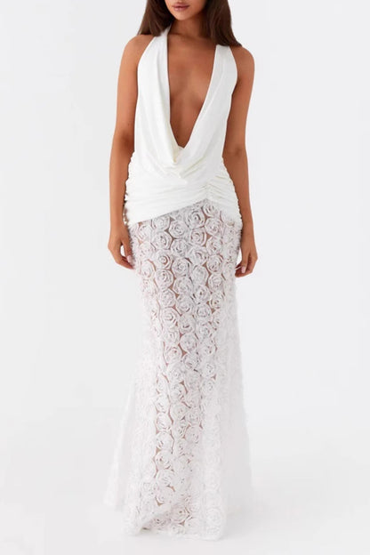 Sexy Flowers Lace Up Backless Halter Long Dresses