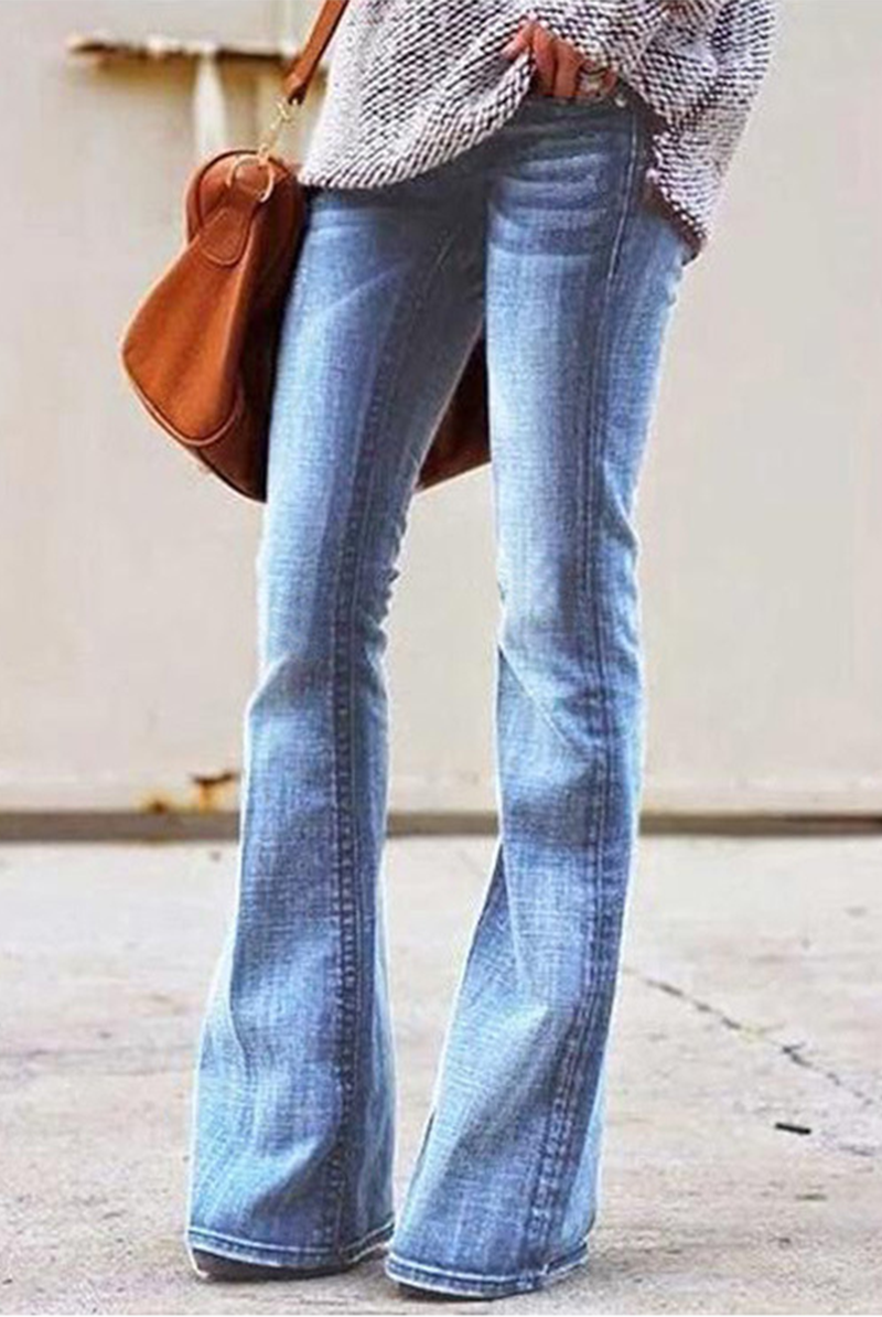 Work Solid Ripped Mid Waist Boot Cut Denim Jeans