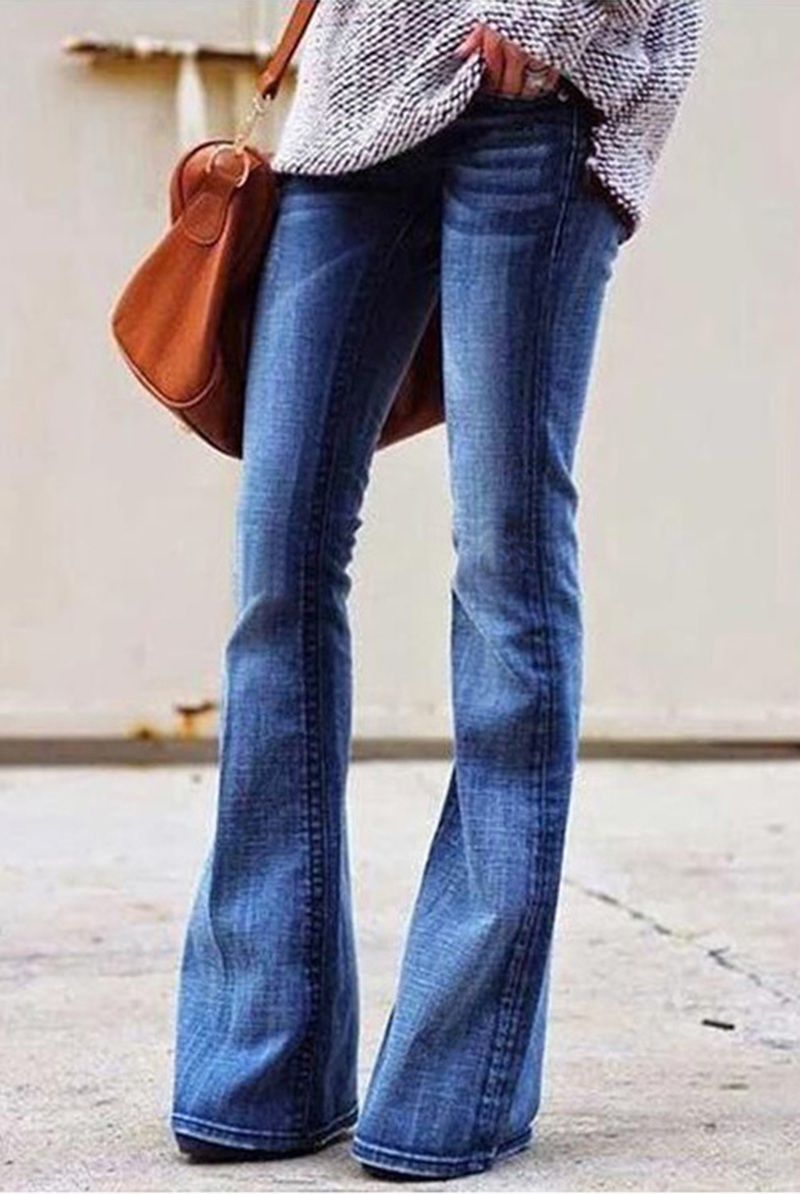 Work Solid Ripped Mid Waist Boot Cut Denim Jeans