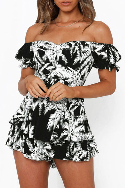Fashion Street Print Patchwork Off the Shoulder Loose Rompers