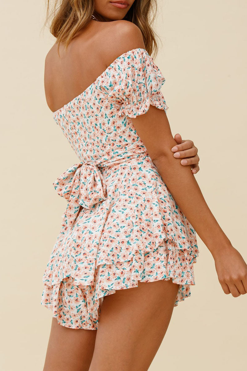 Fashion Street Print Patchwork Off the Shoulder Loose Rompers