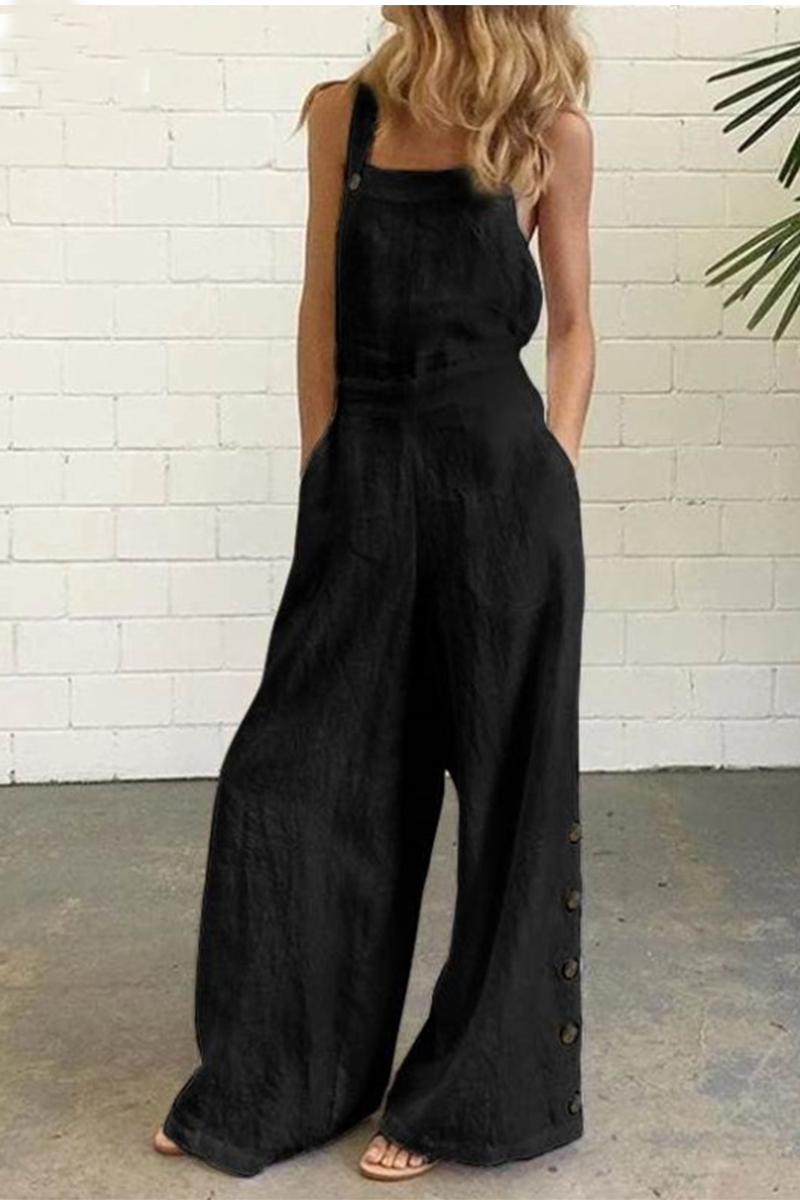 Casual Solid Buckle Square Collar Regular Jumpsuits