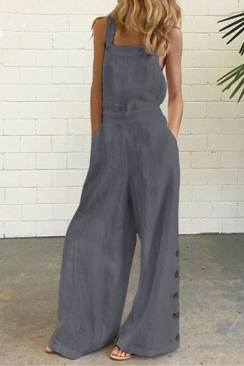 Casual Solid Buckle Square Collar Regular Jumpsuits