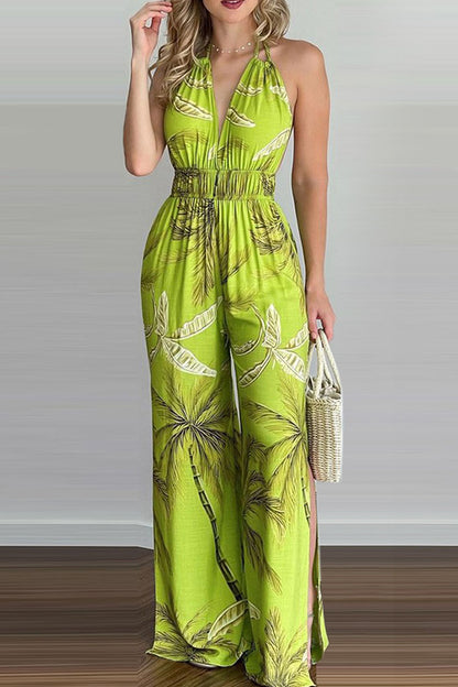 Fashion Simplicity Print Backless V Neck Loose Jumpsuits(7 Colors)