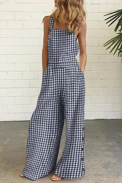 Casual Plaid Buttons Square Collar Straight Jumpsuits