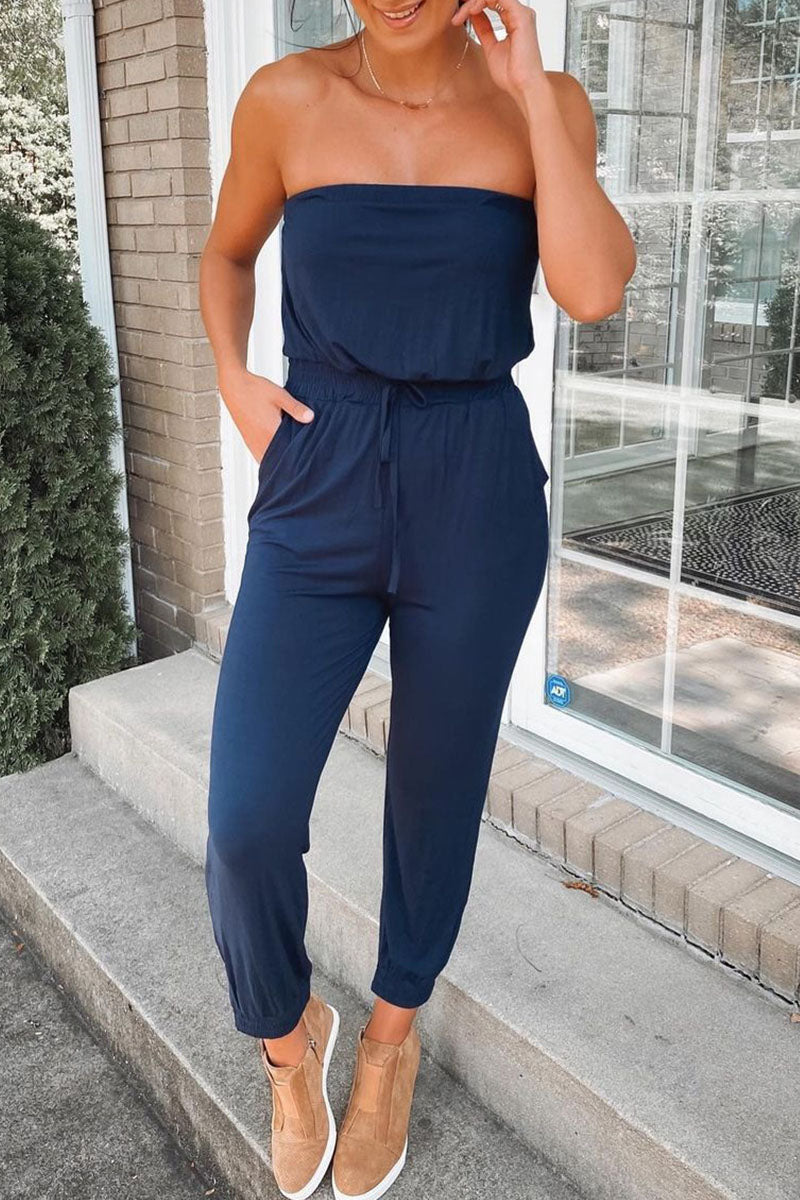 Fashion Street Solid Patchwork Strapless Jumpsuits
