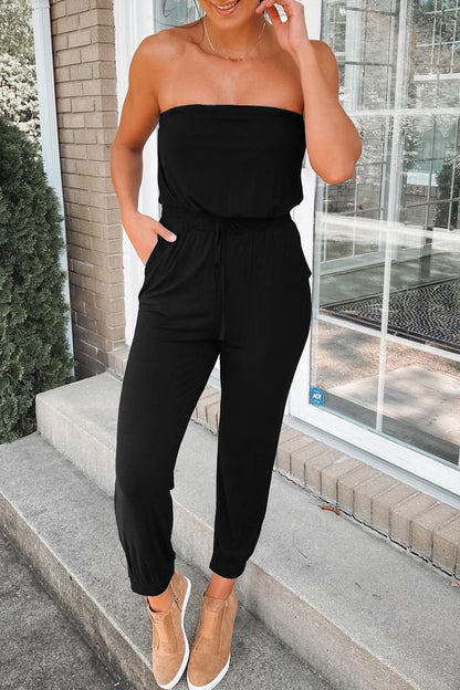 Fashion Street Solid Patchwork Strapless Jumpsuits