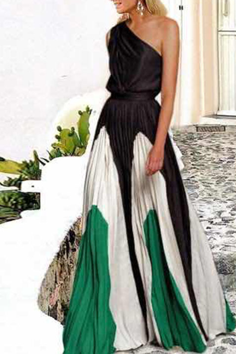 Fashion Print Patchwork One Shoulder Cake Skirt Dresses