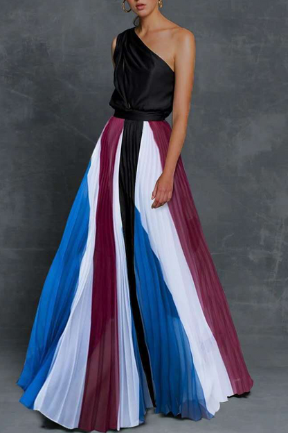 Fashion Print Patchwork One Shoulder Cake Skirt Dresses