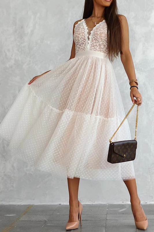 Casual Patchwork Lace Spaghetti Strap Cake Skirt Dresses(3 Colors)