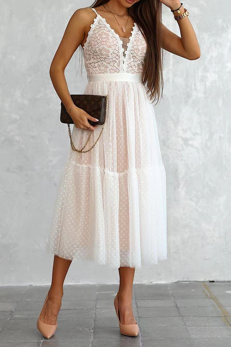 Casual Patchwork Lace Spaghetti Strap Cake Skirt Dresses(3 Colors)