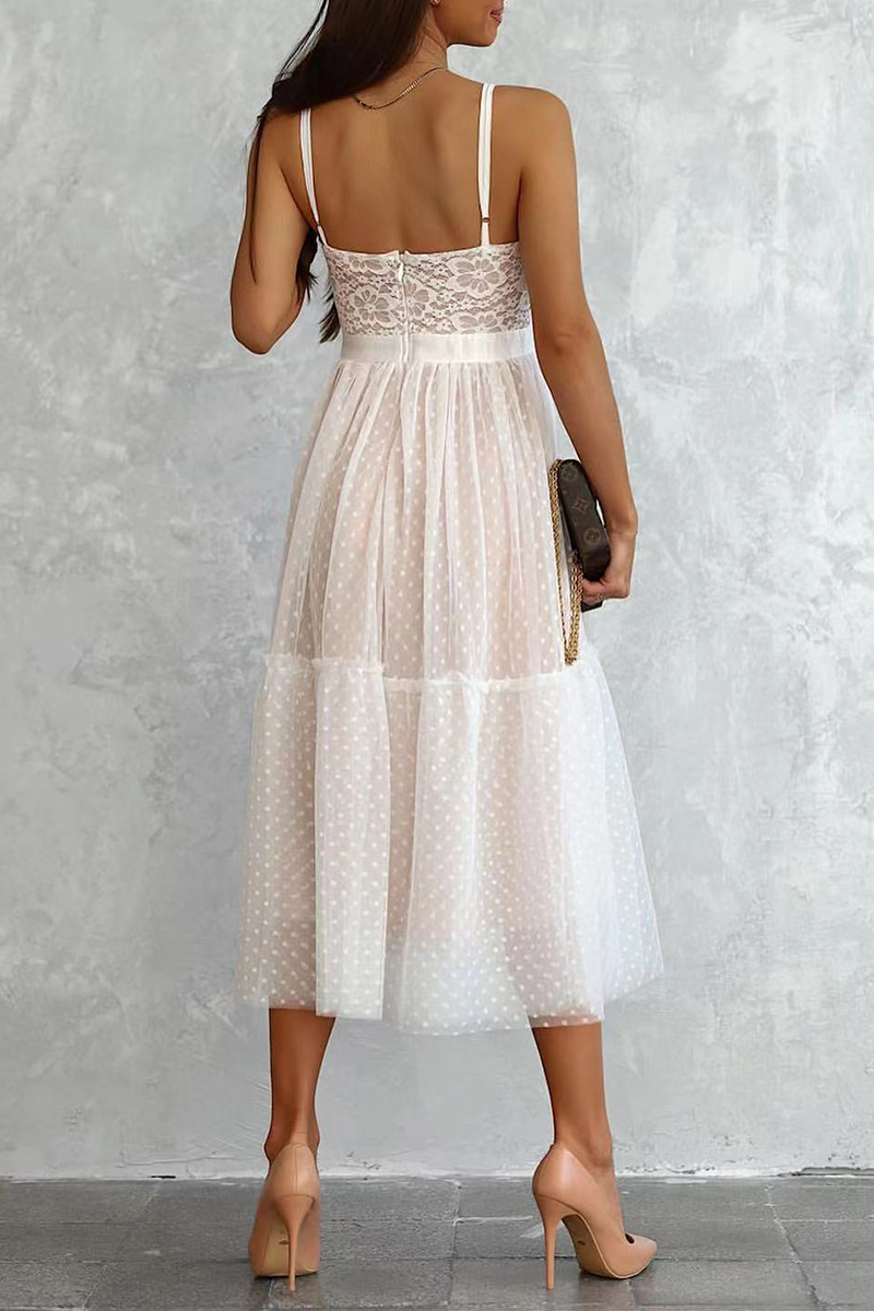 Casual Patchwork Lace Spaghetti Strap Cake Skirt Dresses(3 Colors)