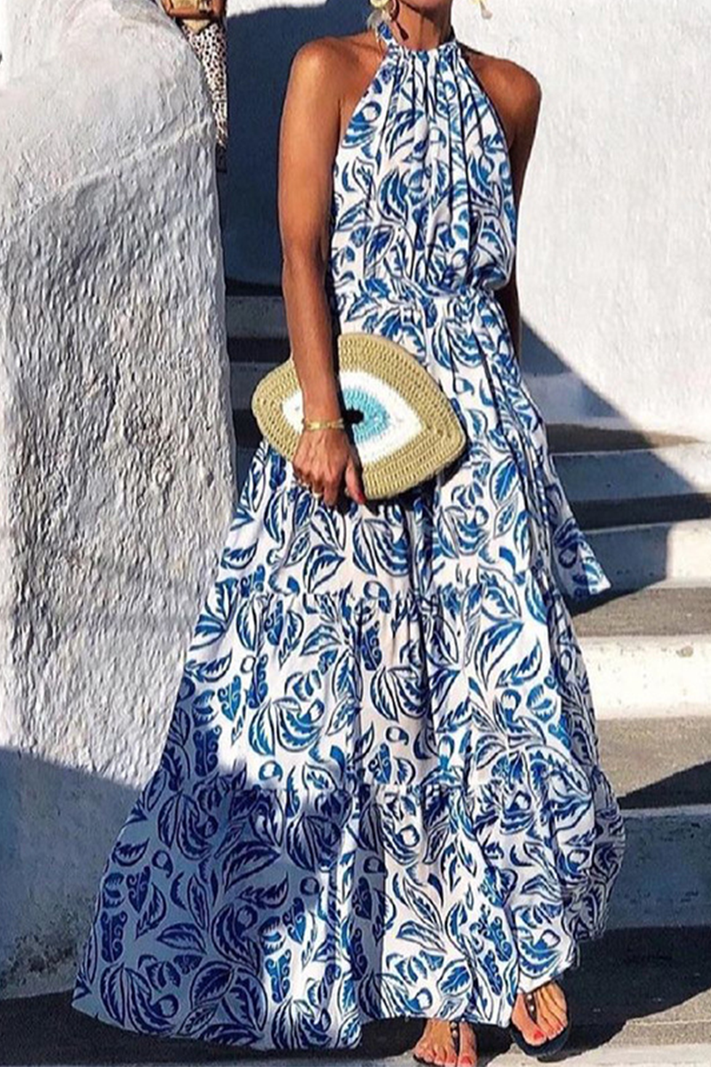 Casual Print Patchwork Halter Cake Skirt Dresses