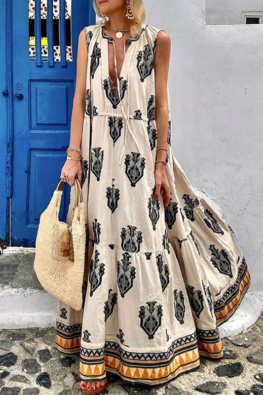 Fashion Print Patchwork V Neck Cake Skirt Dresses(3 Colors)