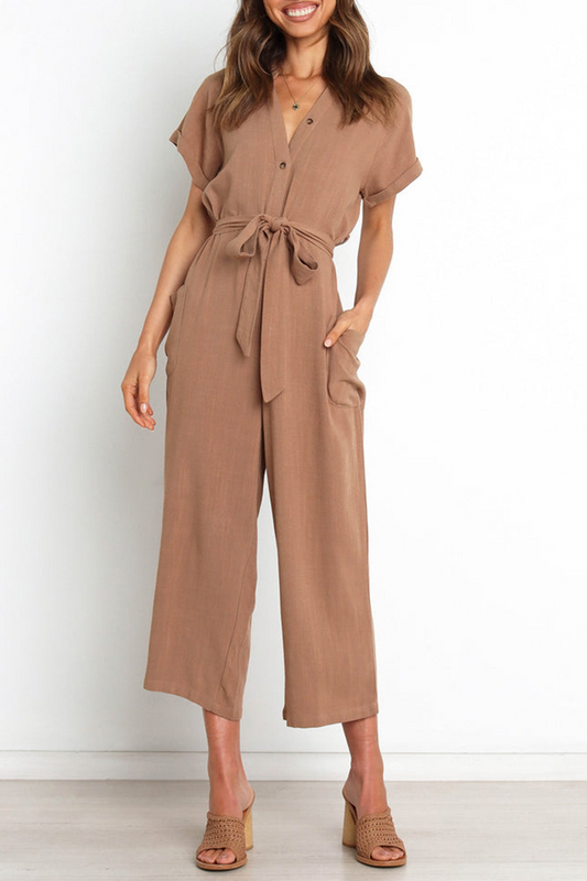 Casual Solid Bandage V Neck Straight Jumpsuits(3 Colors)