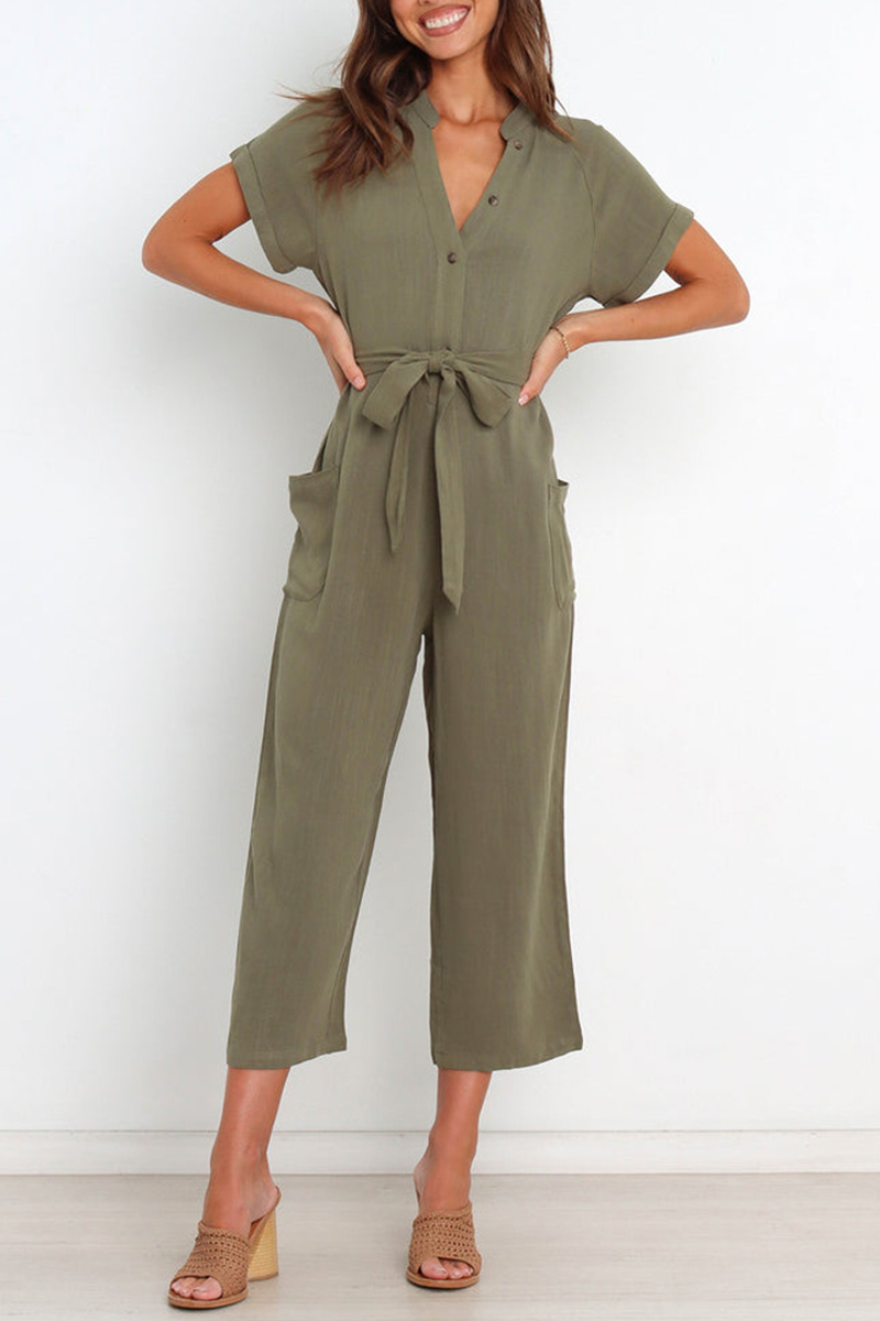 Casual Solid Bandage V Neck Straight Jumpsuits