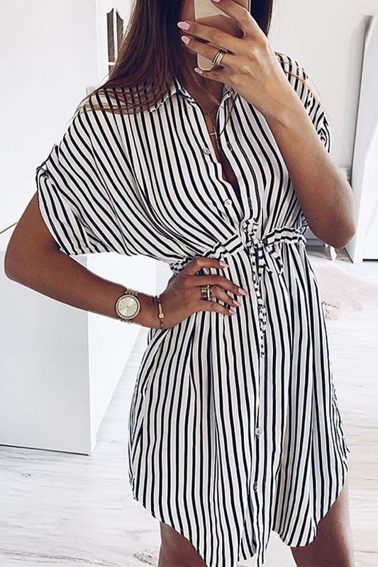 Street Striped Patchwork Turndown Collar Shirt Dress Dresses