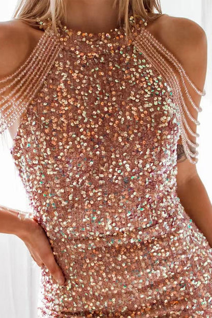 Sexy Solid Sequins Patchwork Strapless Wrapped Skirt Dresses