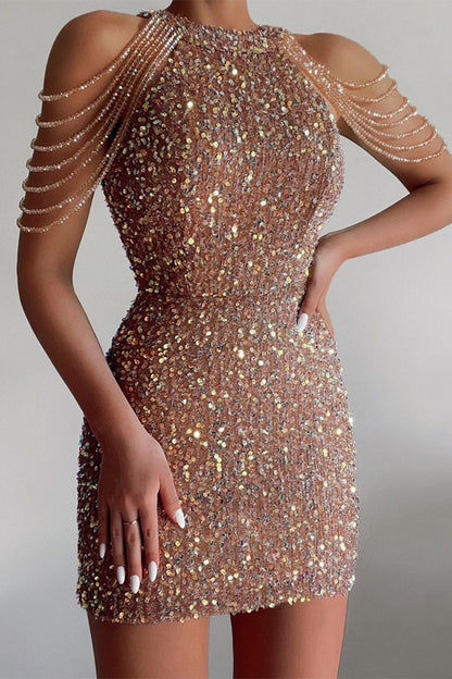 Sexy Solid Sequins Patchwork Strapless Wrapped Skirt Dresses