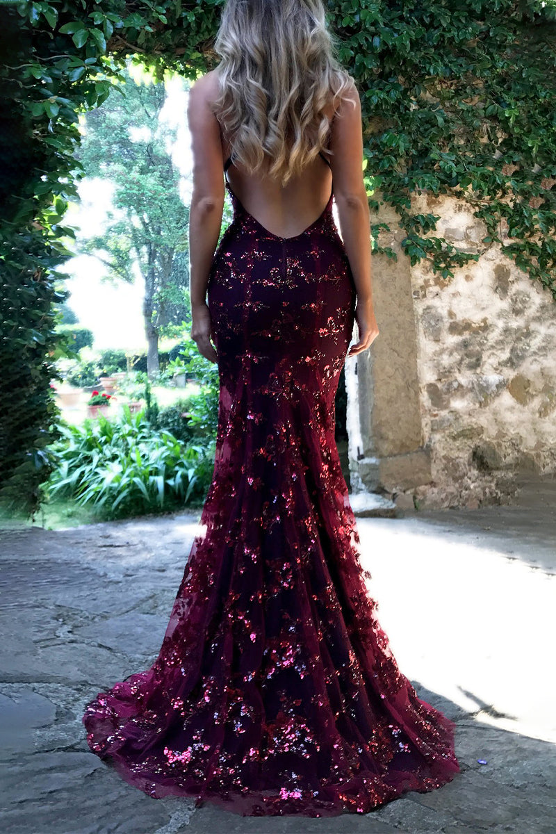 Celebrities Elegant Solid Sequins Frenulum V Neck Evening Dress Dresses