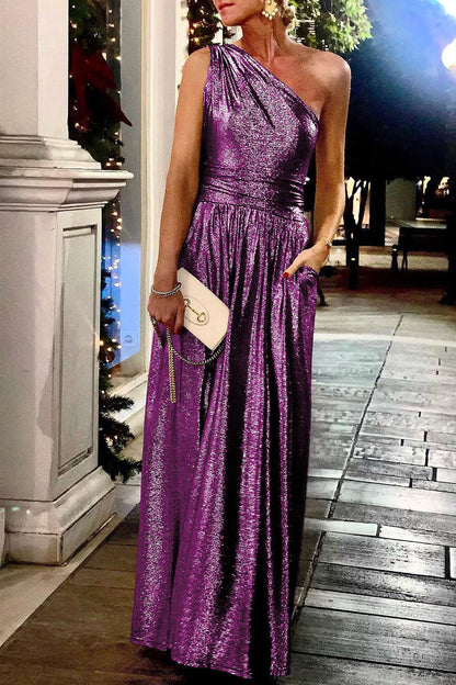 Sexy Elegant Solid Bronzing Sequined Oblique Collar Evening Dress Dresses