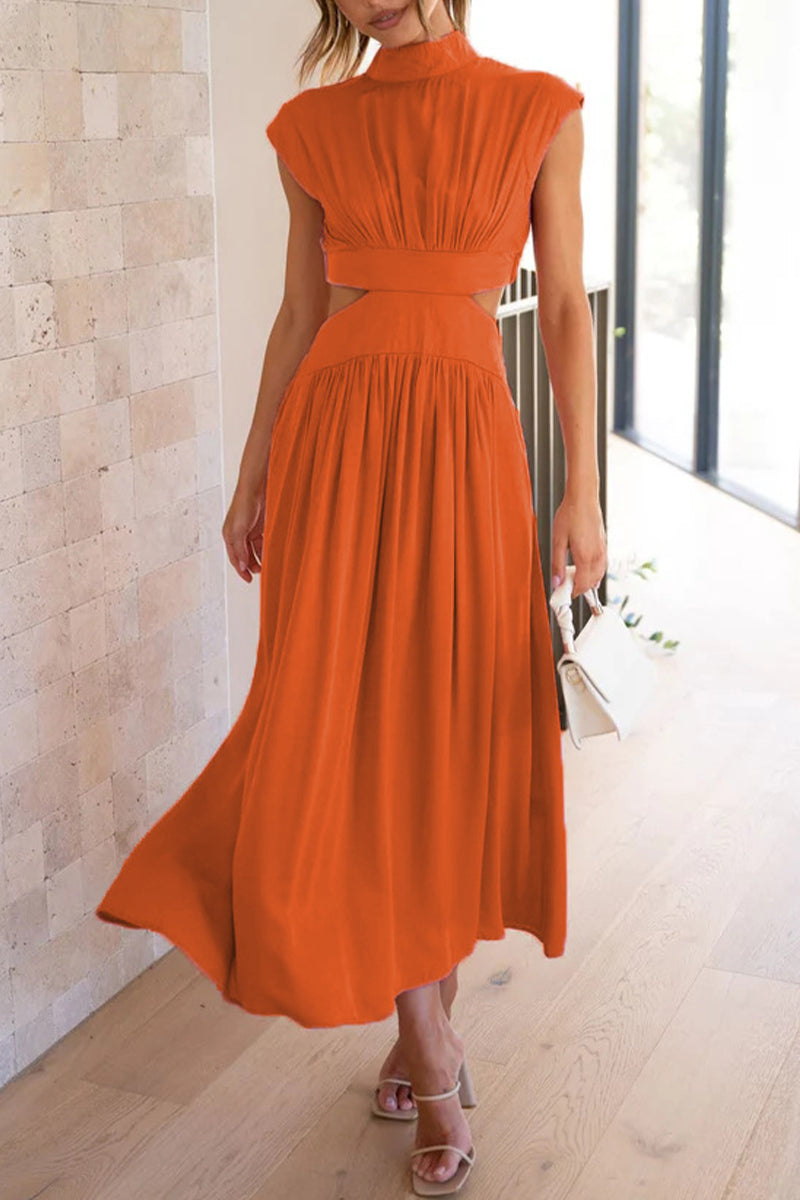 Sweet Elegant Solid Hollowed Out Mandarin Collar A Line Dresses