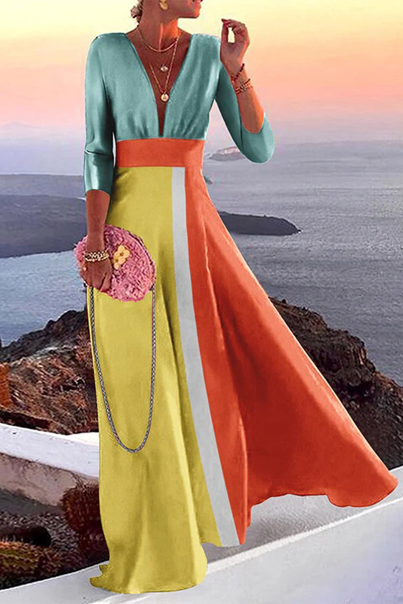 Elegant Vacation Print Patchwork V Neck One Step Skirt Dresses