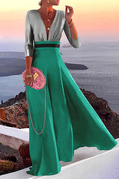 Elegant Vacation Print Patchwork V Neck One Step Skirt Dresses