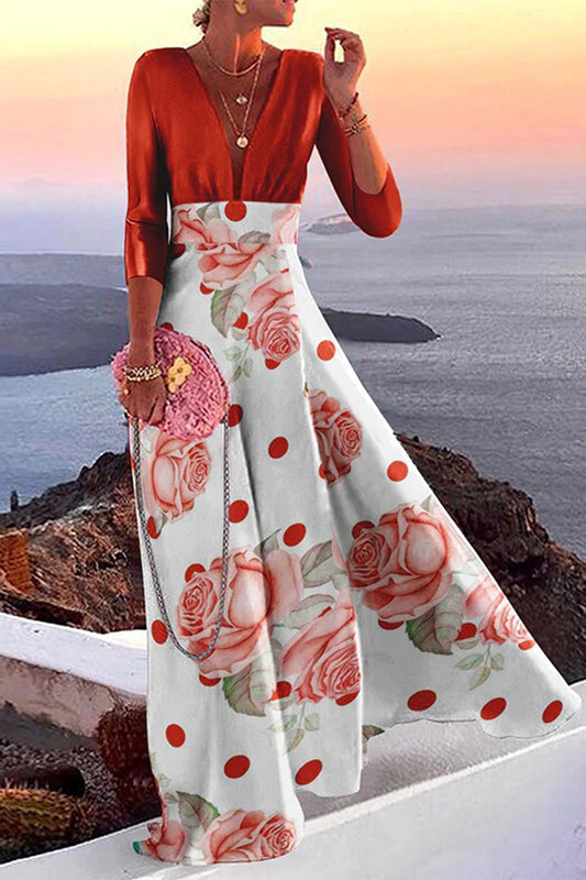 Elegantes Patchwork-Kleid mit V-Ausschnitt und One-Step-Rock im Urlaubsdruck (3 Farben) 