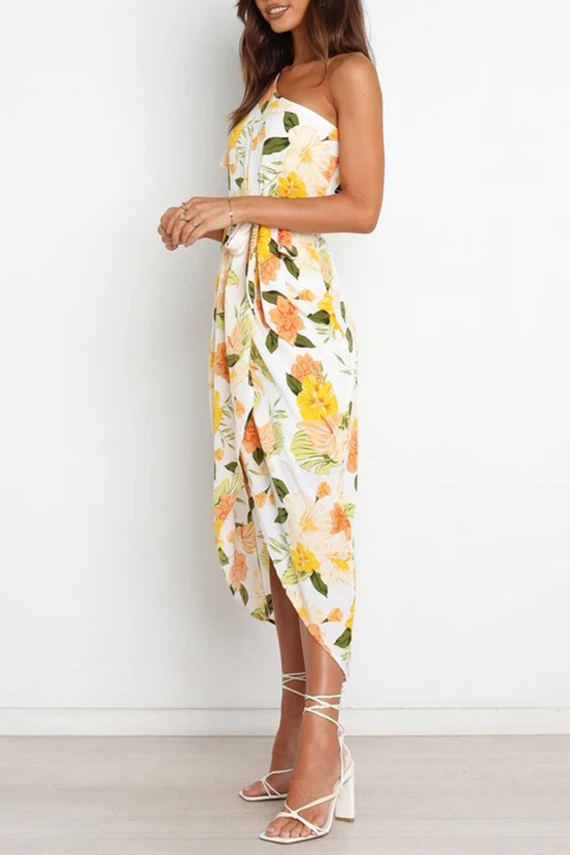 Sweet Elegant Floral Frenulum Oblique Collar Irregular Dress Dresses