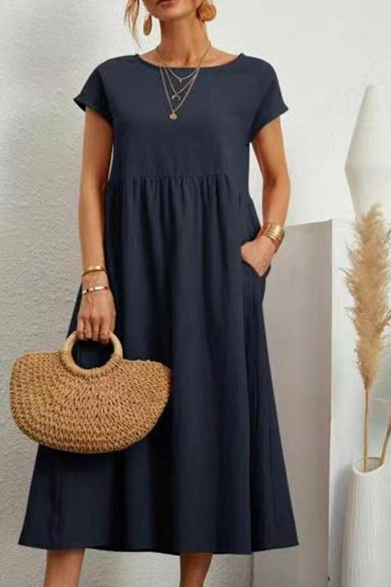 Casual Daily Solid Pocket O Neck Short Sleeve Dress
