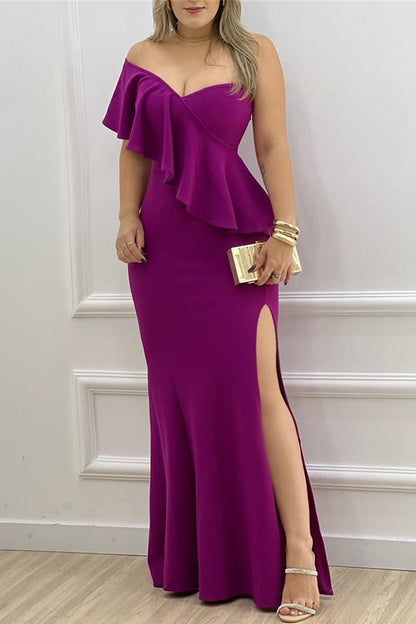 Celebrities Elegant Solid Flounce Slit Asymmetrical One Shoulder Evening Dress Dresses