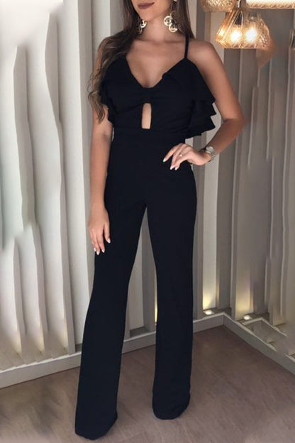 Casual Solid Frenulum With Bow V Neck Regular Jumpsuits