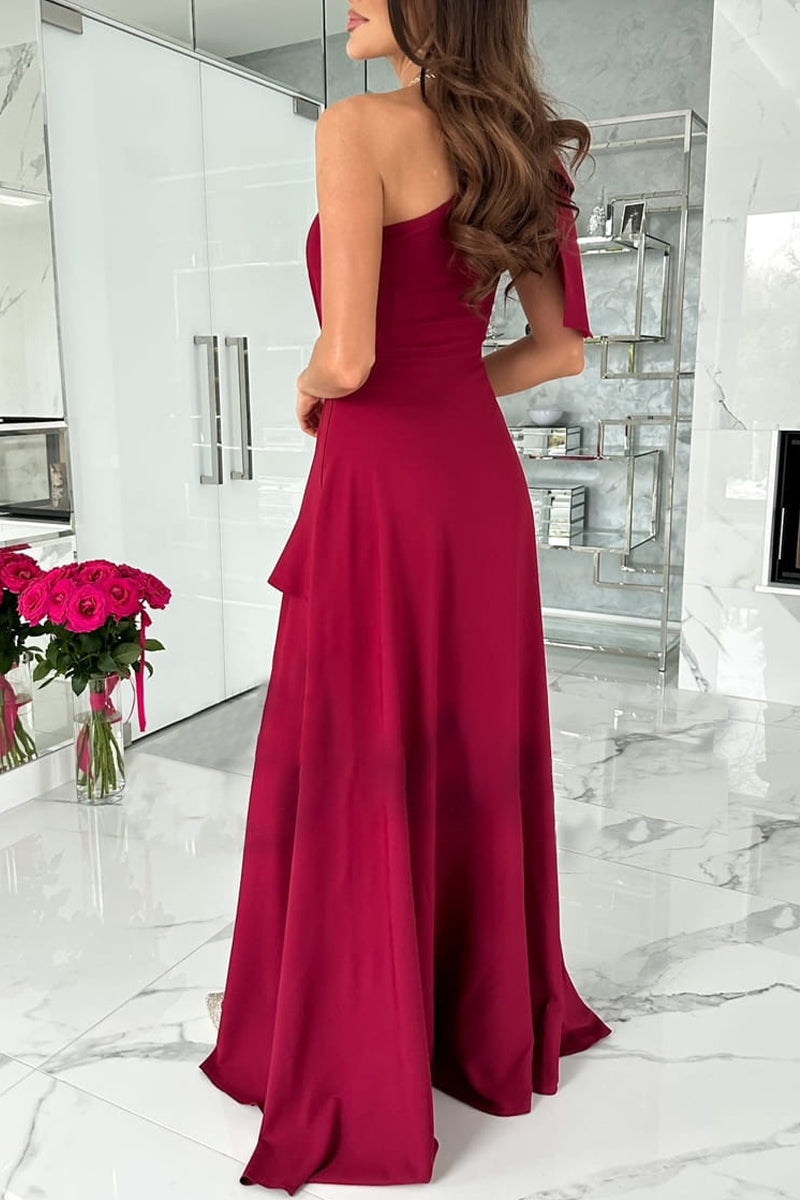 Elegant Formal Solid Backless Oblique Collar Evening Dress Dresses