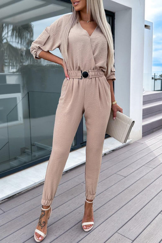 Sweet Simplicity Solid Pocket With Belt V Neck Regular Jumpsuits