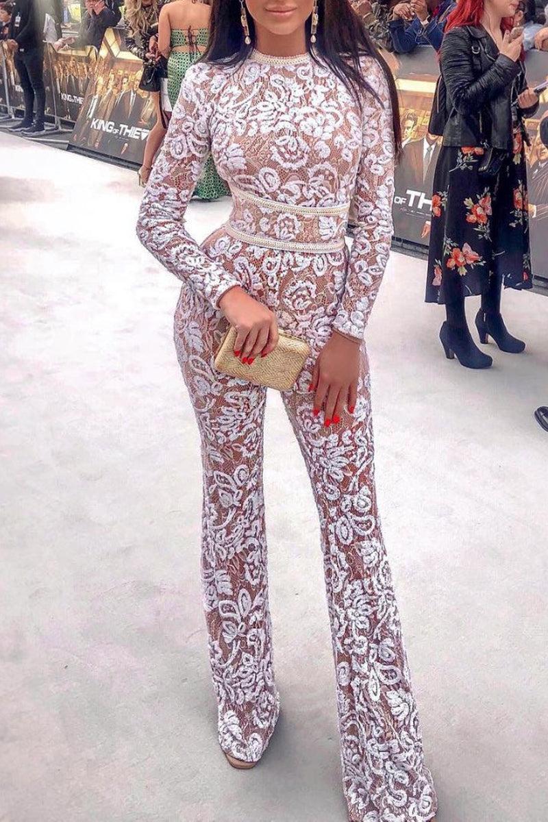 Celebrities Elegant Solid Lace Patchwork With Belt O Neck Regular Jumpsuits