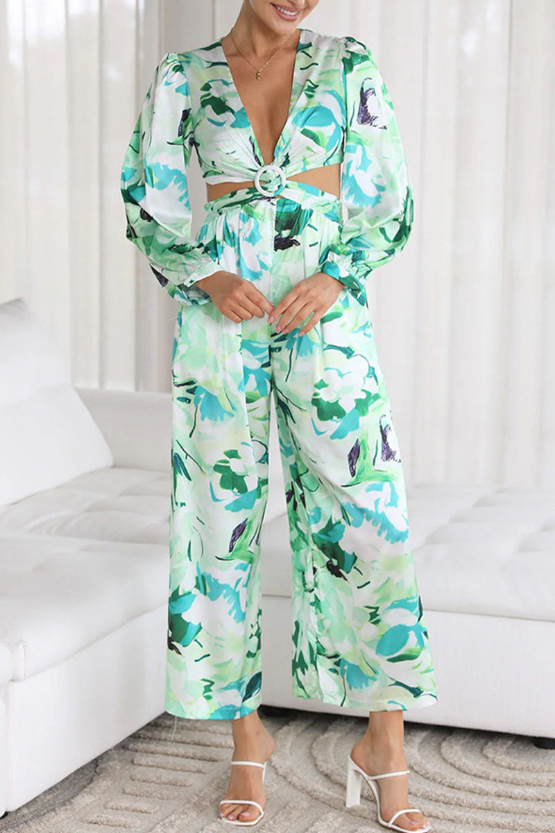 Casual Sweet Print Patchwork V Neck Loose Jumpsuits