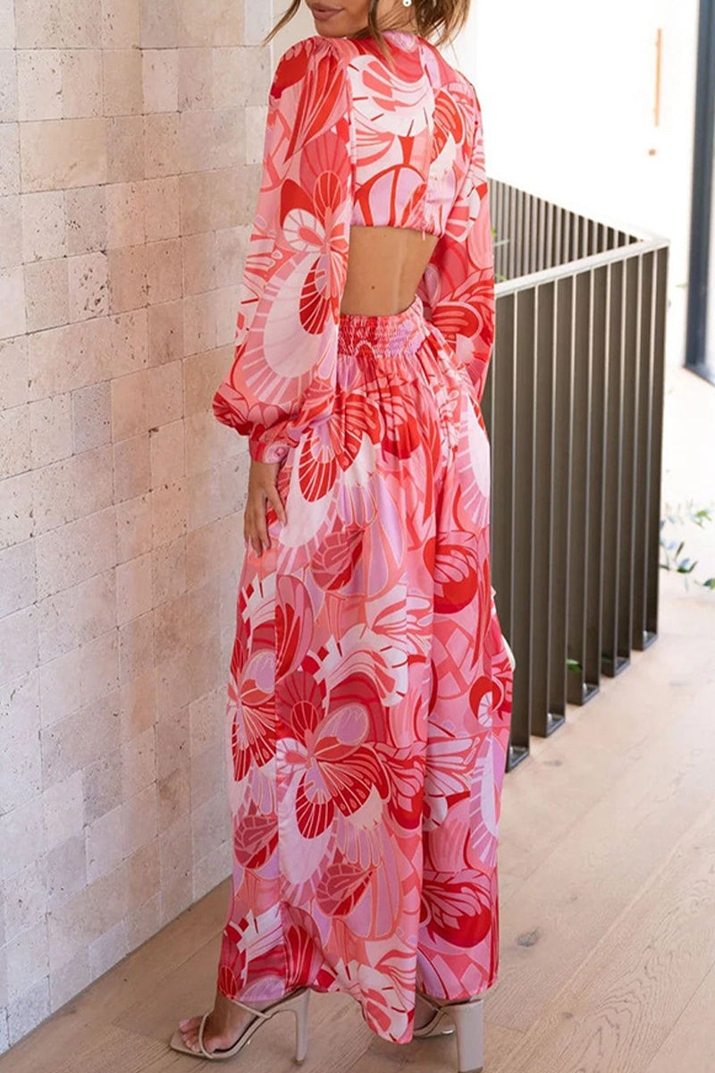 Casual Sweet Print Patchwork V Neck Loose Jumpsuits