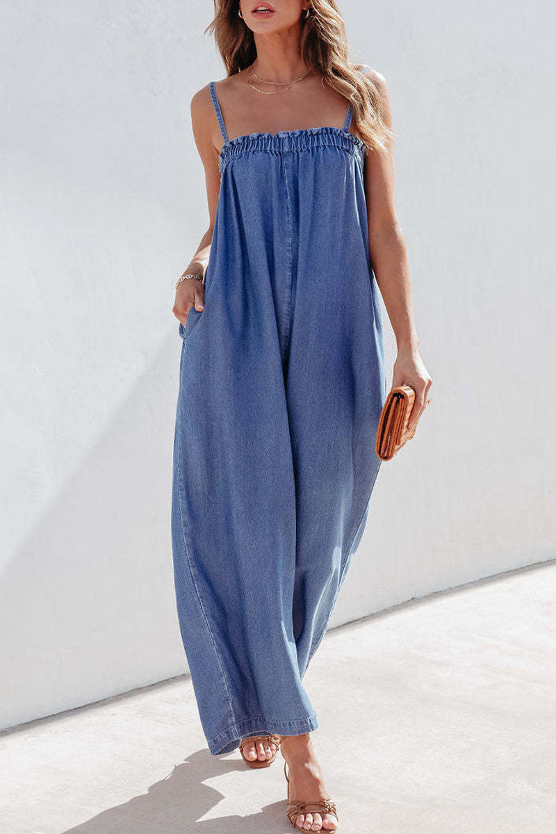Casual Street Solid Pocket Strapless Loose Jumpsuits