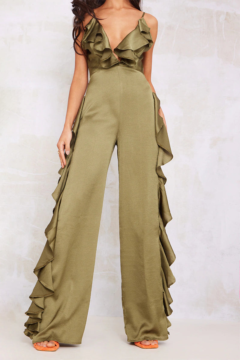 Sexy Casual Solid Backless Flounce V Neck Loose Jumpsuits