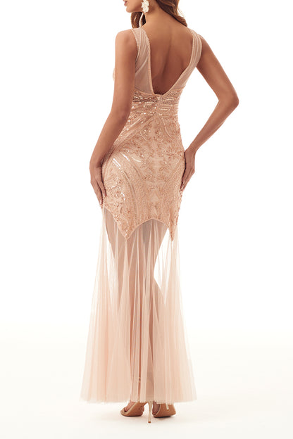 Elegant Formal Patchwork Sequins O Neck Evening Dress Dresses