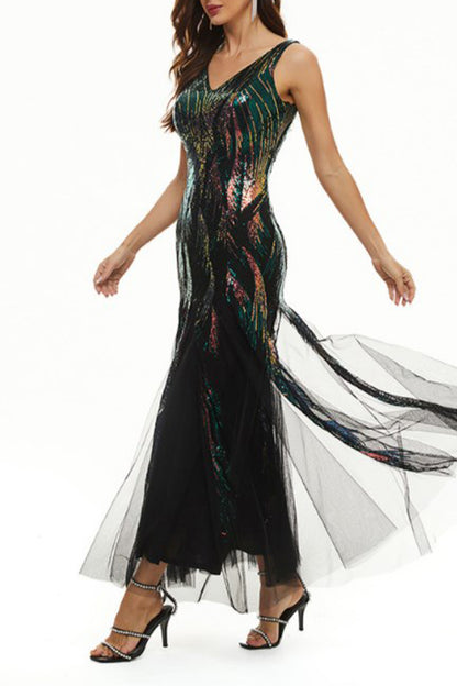 Celebrities Elegant Color Block Patchwork V Neck Evening Dress Dresses