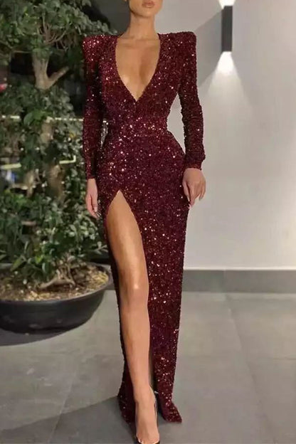 Sexy Formal Solid Sequined V Neck Evening Dress Dresses