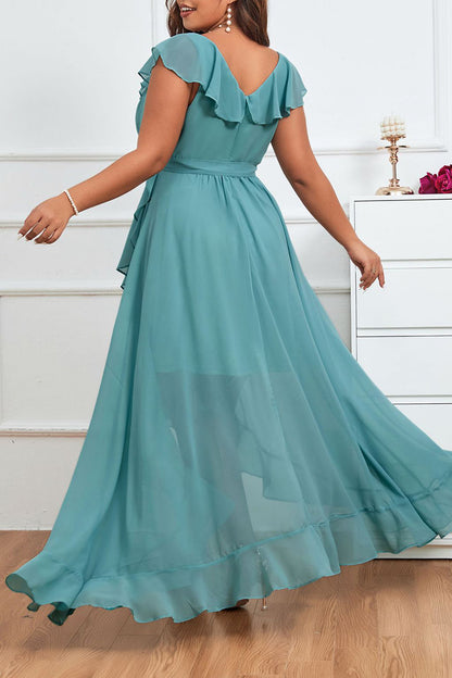 Plus Size Formal Solid Flounce V Neck Evening Dress Dresses
