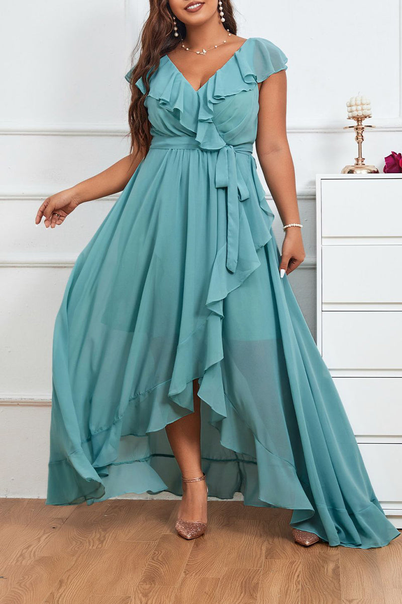 Plus Size Formal Solid Flounce V Neck Evening Dress Dresses