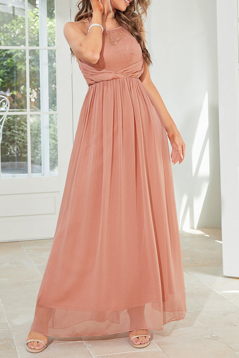 Sweet Elegant Solid Frenulum Halter Evening Dress Dresses
