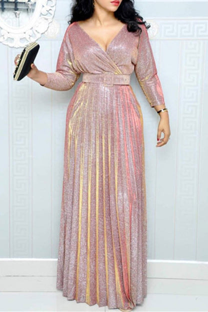 Elegant Bronzing Sequined With Belt V Neck A Line Dresses